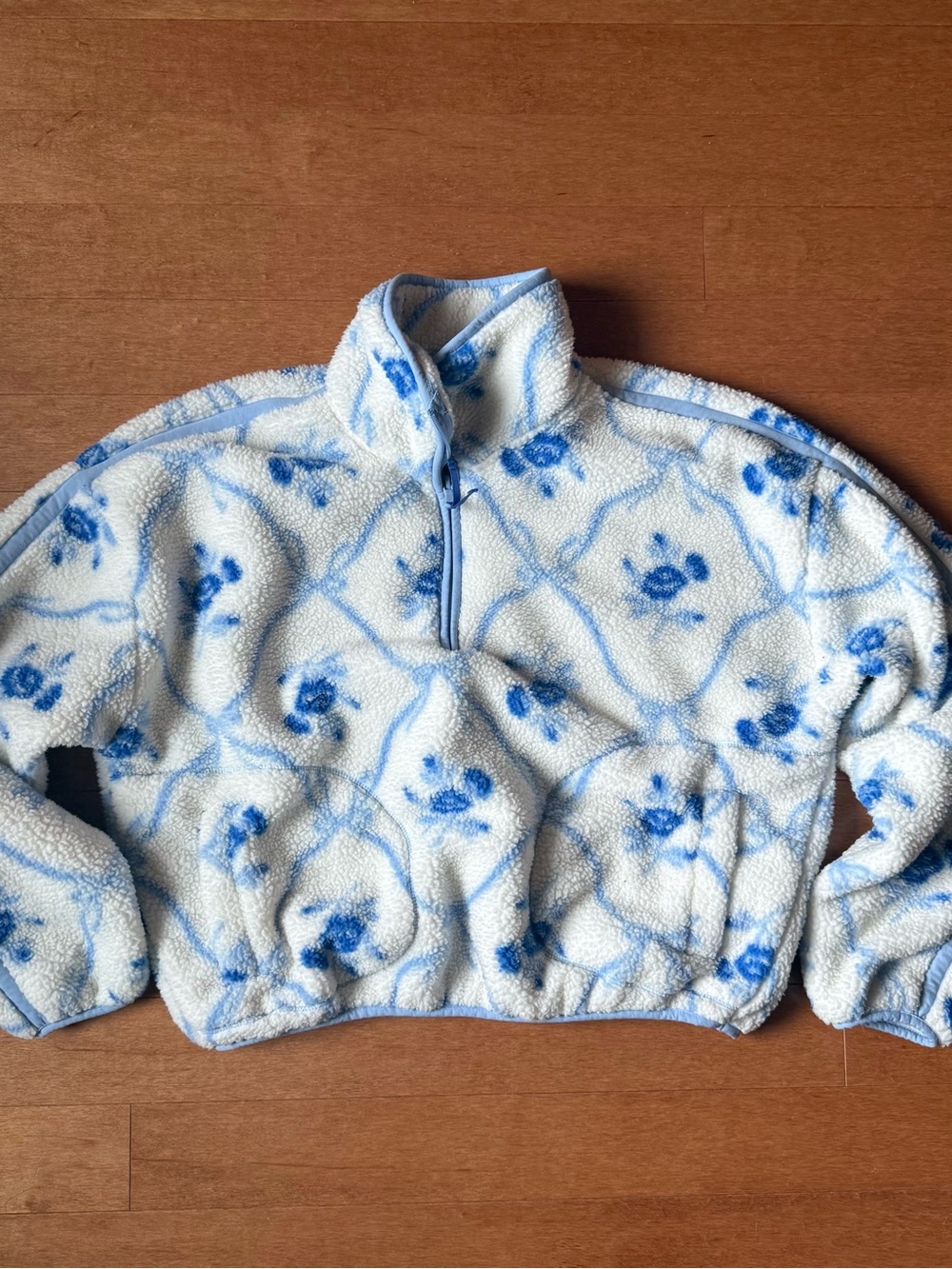 Old Navy Blue and White Floral Sherpa Half-Zip Pullover